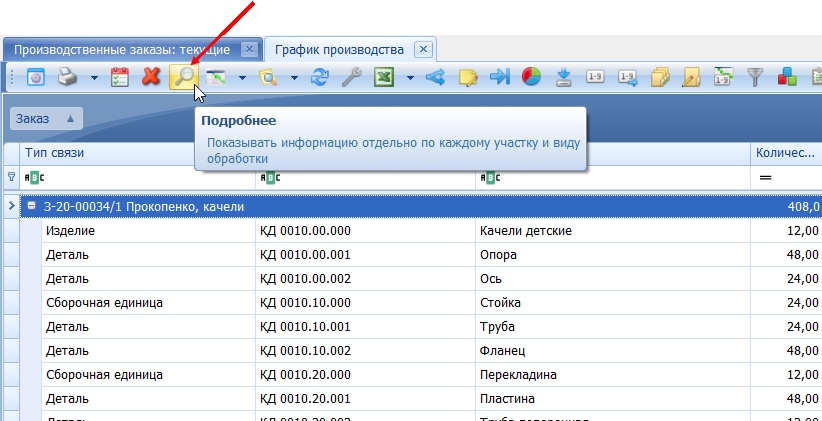 Переход из окна "График производства" в его вариант "Подробно" и обратно.
