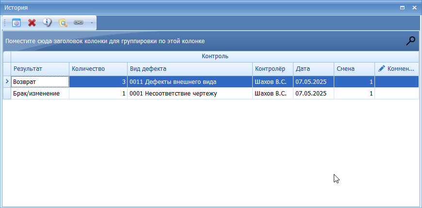 История контроля по операции
