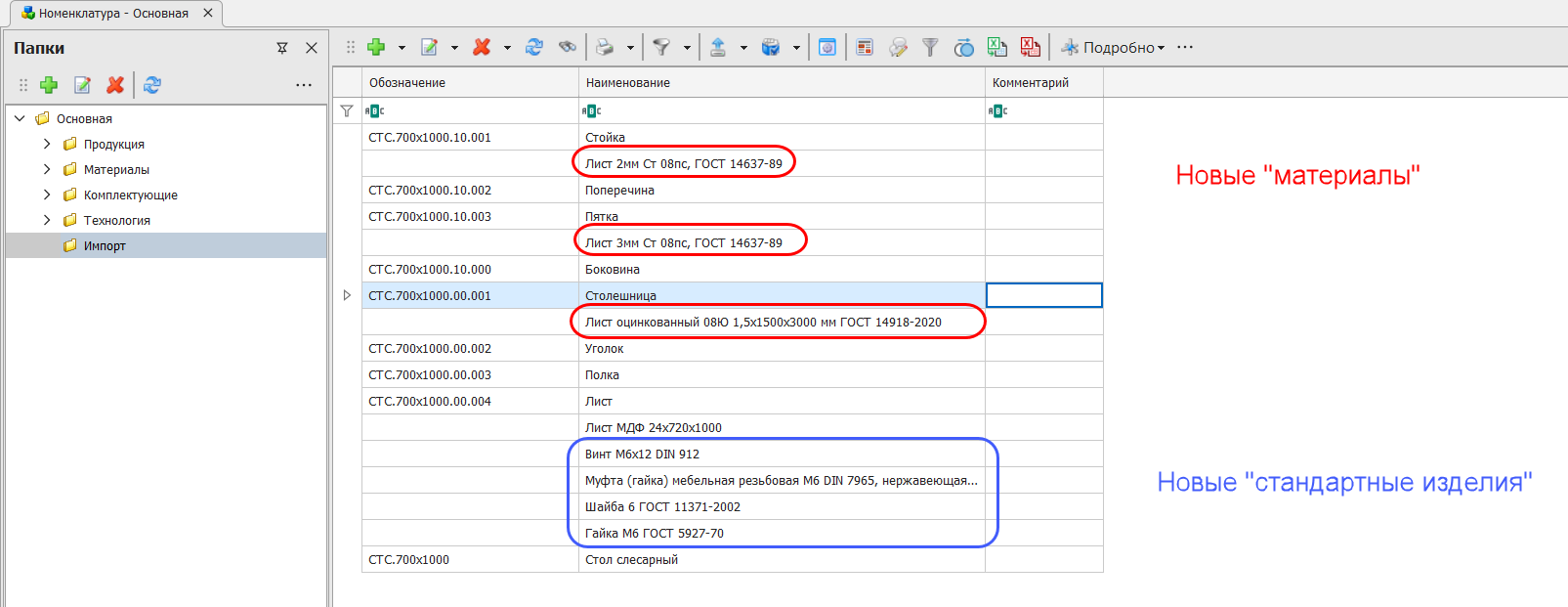 Новые материалы и стандартные изделия, которые появились в базе данных в результате загрузки
