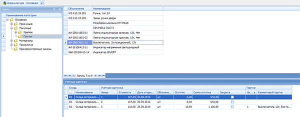 Учётные карточки номенклатуры
