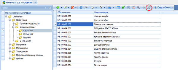 Кнопка Технология подробно в панели инструментов в справочнике Номенклатура