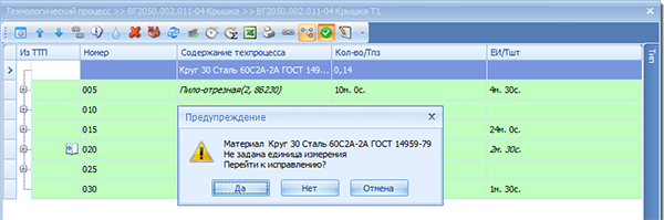 Сообщение программы о результатах проверки техпроцесса