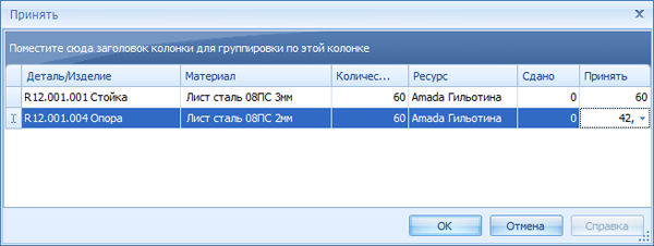 Отметка о количестве сданных (принятых) деталей
