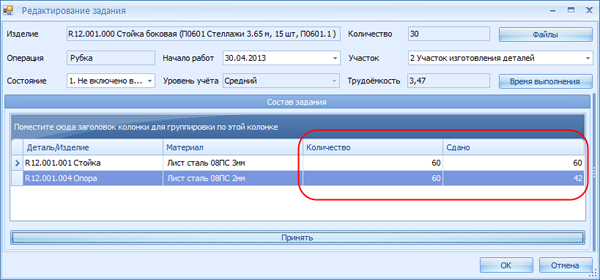Информация о количестве сданных деталей
