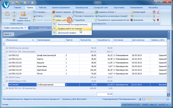 Открытие режима График работ по сменам с помощью панели управления

