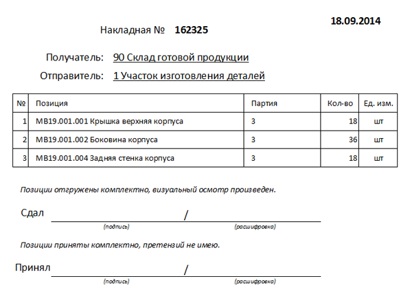 Накладная по передаче проектной документации образец