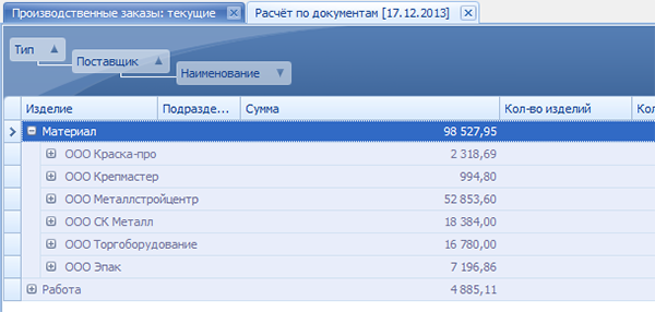 Стоимость материалов для заказа по поставщикам, у которых эти материалы приобретаются
