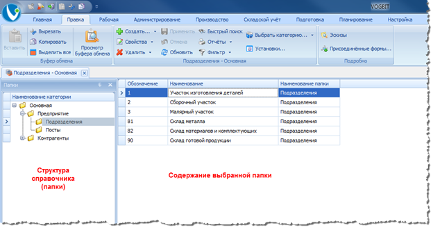 Внешний вид справочника, когда выбрана Категория. Слева показываются папки.
