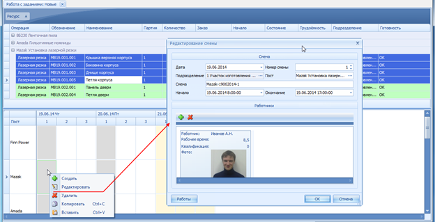 Параметры конкретной рабочей смены.
