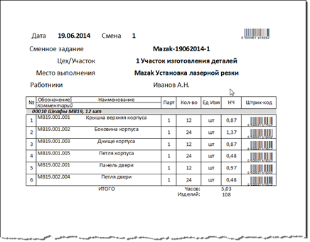 Сменное задание в виде документа для печати.
