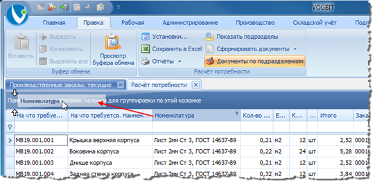 Группировка по названию материала.
