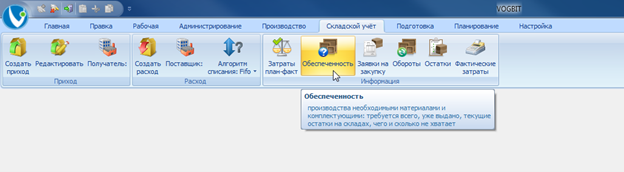 Запуск режима Обеспеченность.
