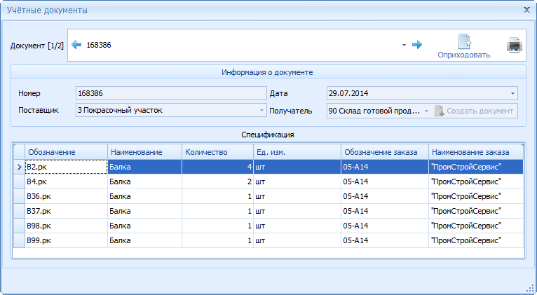 Содержание накладной о передаче продукции на склад, подготовленной в производстве.
