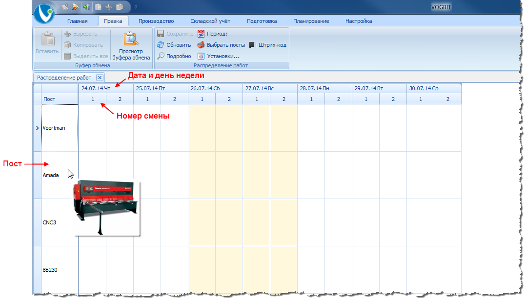 Основное окно режима Производство - Загрузка.

