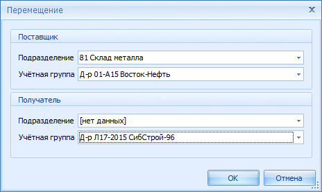 Информации об источнике и адресате перемещения
