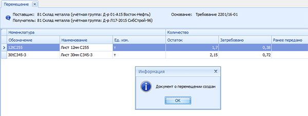 Операция перемещения ТМЦ выполнена
