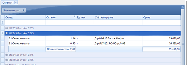 Общий остаток определённого материала на складе
