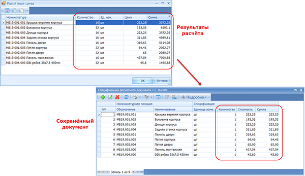 Результаты расчёта и сохранённый документ (прайс-лист)

